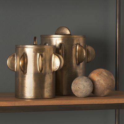 Alternative view of Deacon Small Antiqued Gold Metal Canister with Sculptural Handles