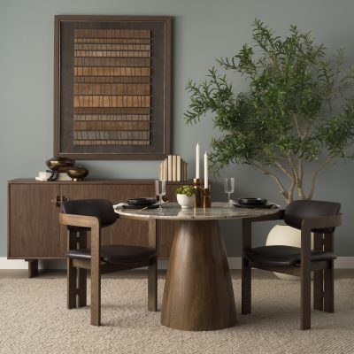 Alternative view of Allyson 42" Round Brown Wood Pedestal w/ Savar Pink Marble Top Dining Table