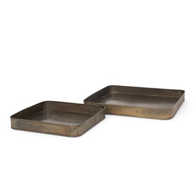 Varun Square Antiqued Brass Metal Tray (Set of 2)