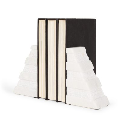 Cavetto White Marble Bookends w/rough carving S/2