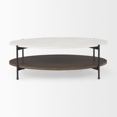 Alternative view of Larkin White Marble Top w/ Dark Brown Wood Shelf Oval Coffee Table