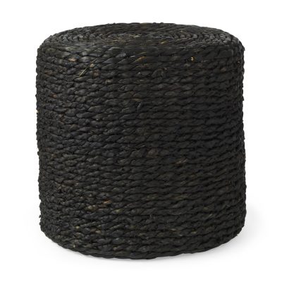 Dina 17.7L x 17.7W x 17.7H Black Cornhusk and Water Hyacinth Round Pouf