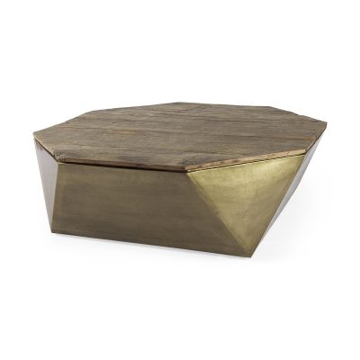 Esagono Octagonal Gold Metal-Clad Reclaimed Wood Coffee Table w/ Storage