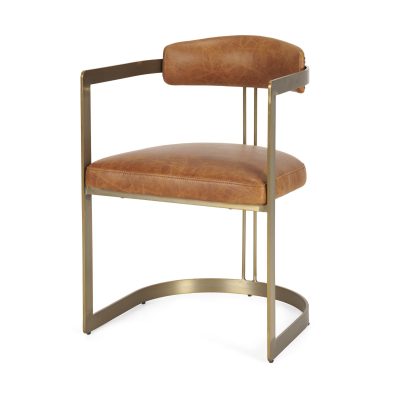Hollyfield I Brown Leather Seat Gold Iron Frame Dining Chair