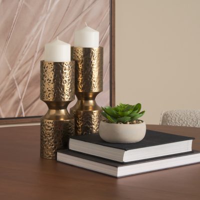 Alternative view of Akira Large Hammered Gold Metal Pillar Candle Holder