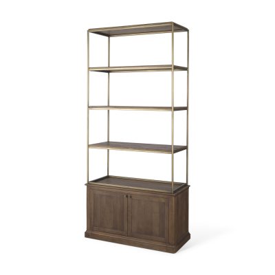Baron Dark Brown Wood w/ Antiqued Aged Brass Metal 2-Door Open Shelving Unit