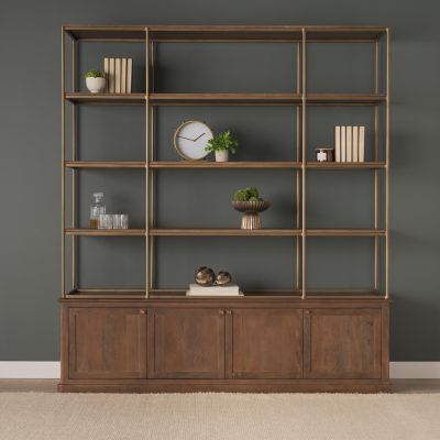 Alternative view of Baron 4-Door Dark Brown Wood w/ Antique Brass Metal Open Shelving Unit