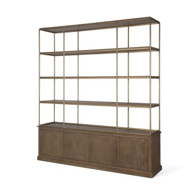 Baron 4-Door Dark Brown Wood w/ Antique Brass Metal Open Shelving Unit