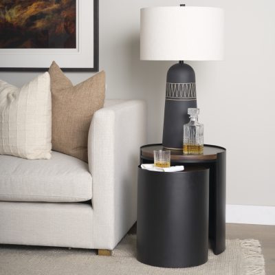 Alternative view of Varden Matte Black Metal w/ Dark Brown Wood Top Nesting Accent Tables
