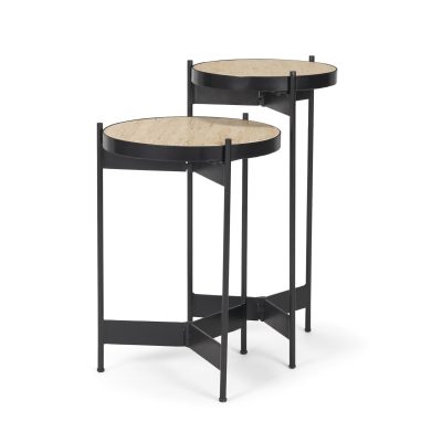 Wade Travertine Marble w/ Matte Black Metal End Tables