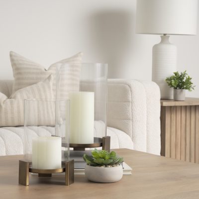 Alternative view of Price Large Antiqued Gold Metal w/ Glass Hurricane Candle Holder