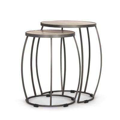 Clapp Round Light Brown W/ White Wash Wood and Silver Metal Nesting Accent Tables (Set of 2)