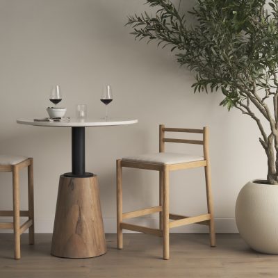 Alternative view of Sam Counter Stool W/ Light Brown Wood Frame and Beige Upholstered Seat