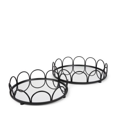 Lenore Round Metal/Mirror Tray Black (Set of 2)