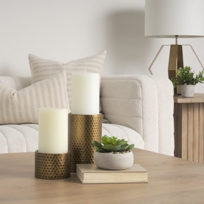 Alternative view of Gage Antiqued Gold Honeycomb Textured Metal Candle Holder (Set of 2)