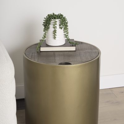 Alternative view of Eclipse Antique Brass Metal Drum Base w/ Dark Brown Wood Top End/Side Table