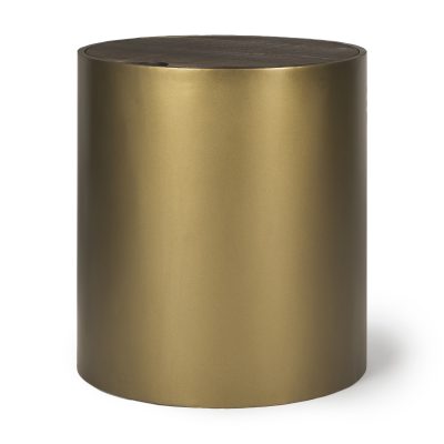 Eclipse Antique Brass Metal Drum Base w/ Dark Brown Wood Top End/Side Table