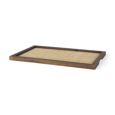 Silas Cane and Medium Brown Wood Rectangular Tray
