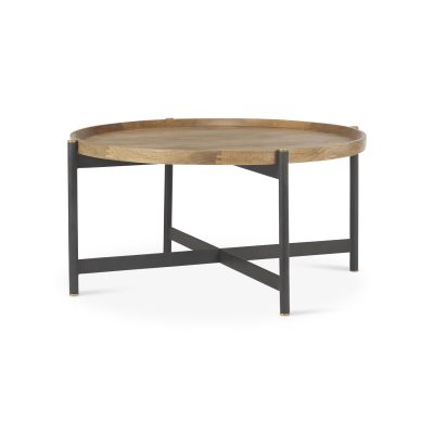 Marquisa 34.25L x 34.25W x 16.5H Small Brown Wood w/ Black Metal Coffee Table