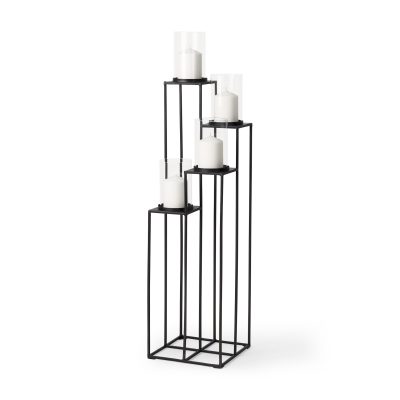 Cindy 4-Tier, Matte Black Metal w/ Hurricane Glass, Pillar Candle Floor Lantern