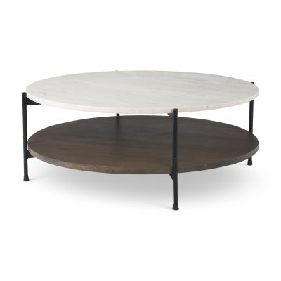 Larkin 42" Round Two-Tier White Marble Top and Solid Wood Shelf w/ Black Metal Frame Coffee Table