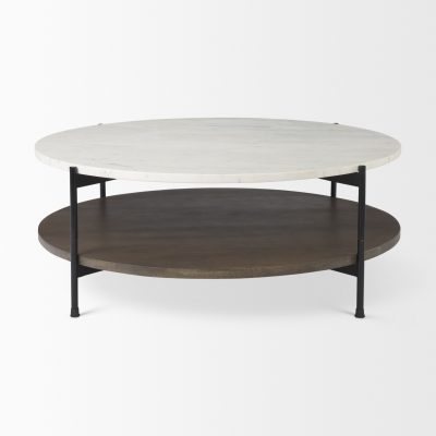 Alternative view of Larkin 42" Round Two-Tier White Marble Top and Solid Wood Shelf w/ Black Metal Frame Coffee Table