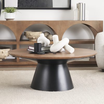 Alternative view of Mitchell 40.0L x 40.0W x 16.0H Black Metal Pedestal Base with Brown Wood Top Coffee Table