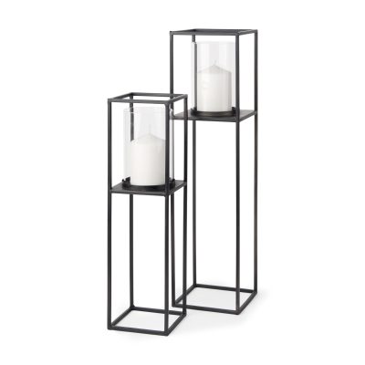 Cindy Set of 2 Matte Black Metal and Hurricane Glass Pillar Tabletop Candle Holders