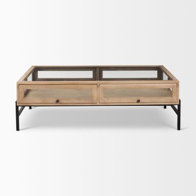 Alternative view of Arelius 42"L Rectangular Light Brown Wood w/ Black Metal Base Display Coffee Table