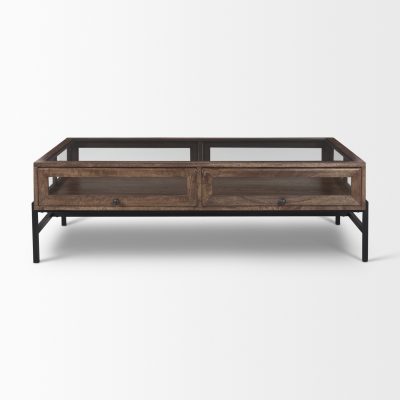 Alternative view of Arelius Rectangular Glass-Top Medium Brown Wood w/ Black Metal Base Display Coffee Table