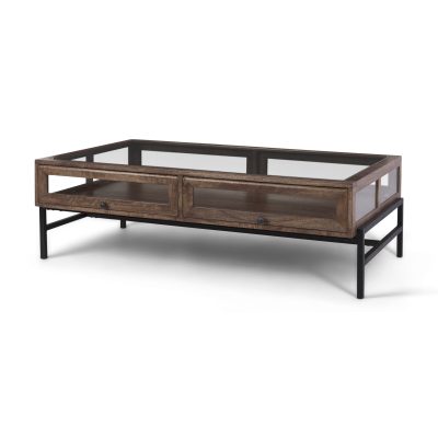 Arelius Rectangular Glass-Top Medium Brown Wood w/ Black Metal Base Display Coffee Table