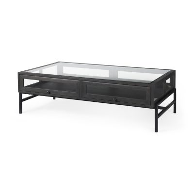Arelius 42"L Rectangular Glass-Top Black-Brown Wood w/ Black Metal Base Display Coffee Table