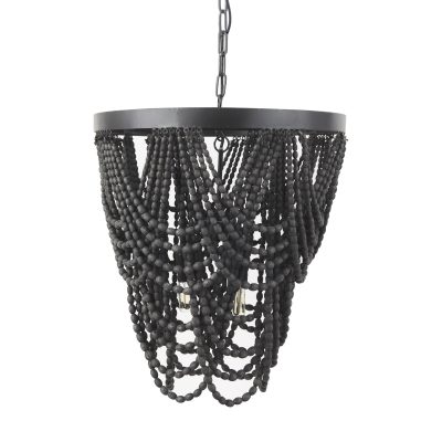 Pendra 19.7L x 19.7W x 89.0H Black Metal Wooden Bead Three Bulb Chandelier