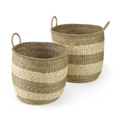 Bradley 18.1L x 18.1W x 16.0H (Set of 2) Light Brown W/Striped Seagrass Basket W/ Handles