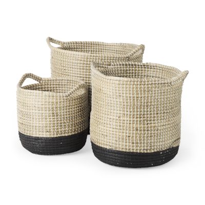 Maddie 13.8L x 13.8W X 15.0H (Set of 3) Light Brown W/Black Dipped Seagrass Round Basket W/ Handle