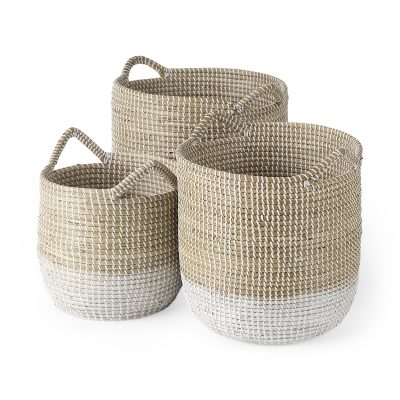 Maddie 13.8L x 13.8W X 15.0H (Set of 3) Light Brown W/White Dipped Seagrass Round Basket  W/ Handles
