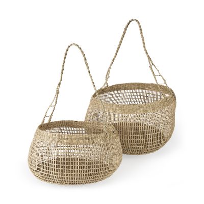 Nova 15.0L x 15.0W x 9.4H (Set of 2) Light Brown Seagrass Woven Round Basket W/ Long Handle