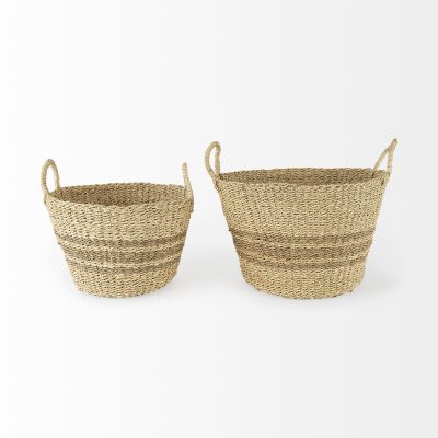 Alternative view of Vance 17.7L x 17.7W x 11.8H Light Brown Palm Leaf and Seagrass Round Basket W/ Handles