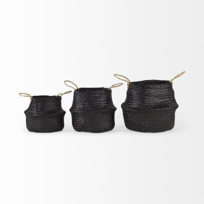 Alternative view of Ella 9.8L x 9.8W x 11.0H (Set of 3) Black Seagrass Basket W/ Light Brown Handles