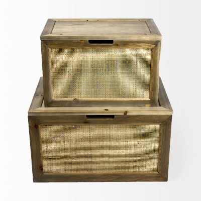Alternative view of Sonny 23.6L x 15.7W x 13.8H Set of Two Brown Wood and Wicker W/ Metal Detail Rectangular Boxes
