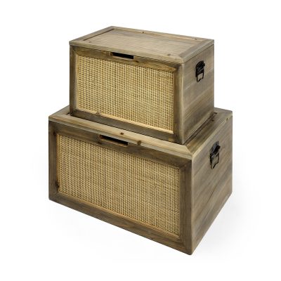 Sonny 23.6L x 15.7W x 13.8H Set of Two Brown Wood and Wicker W/ Metal Detail Rectangular Boxes