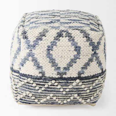 Alternative view of Eshana 16.0L x 16.0W x 16.0H Cream Wool and Denim Patterned Pouf