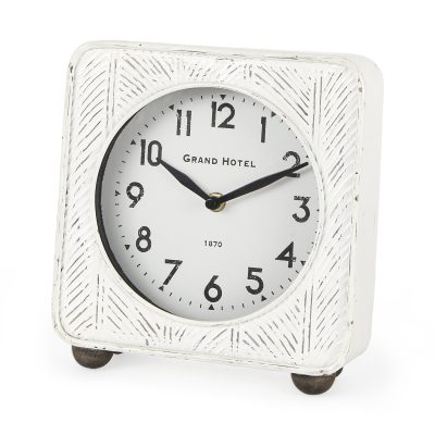 Karl 8.0L x 2.8W x 8.8H Rustic White Iron Rounded Square Table Clock