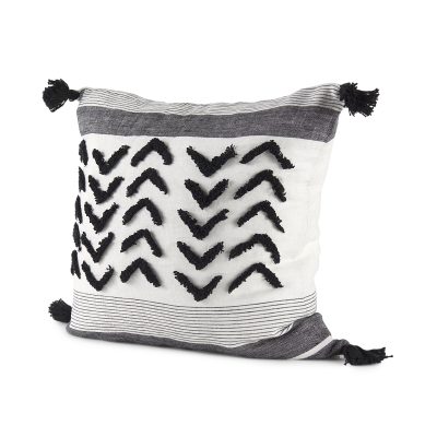 Kimia 20L x 20W White and Black Fabric Herringbone and Fringed Decorative Pillow Cover