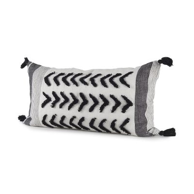 Kimia 14L x 26W White and Black Fabric Herringbone and Fringed Decorative Pillow Cover