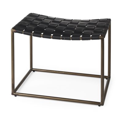 Clarissa 22.0L x 16.0W x 16.75H Black Leather Woven Seat W/ Gold Metal Frame Stool