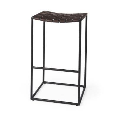 Clarissa 18.0L x 16.0W x 30.25H Dark Brown Woven Leather Seat W/ Black Metal Frame Bar Stool