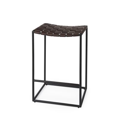Clarissa 18.0L x 16.0W x 26.25H Dark Brown Woven Leather Seat W/ Black Iron Frame Counter Stool