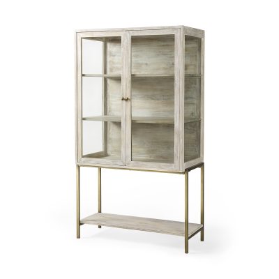 Arelius 36L x 18.75W x 63H White Wood W/ Gold Metal Base Display Cabinet
