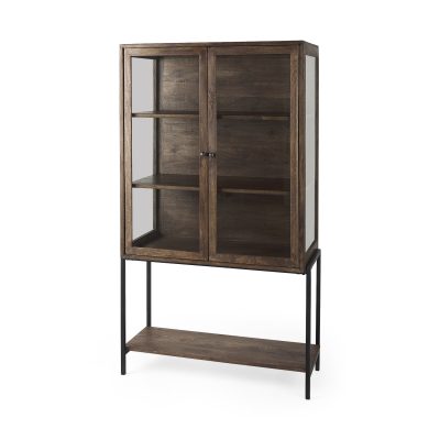Arelius 36L x 18.75W x 63H Medium Brown Wood W/ Black Metal Base Display Cabinet